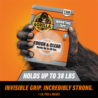 Gorilla Tough & Clear Double Sided Mounting Tape, Clear Tape, 1" x 150" (Pack of 2) - Weatherproof for Indoor or Outdoor