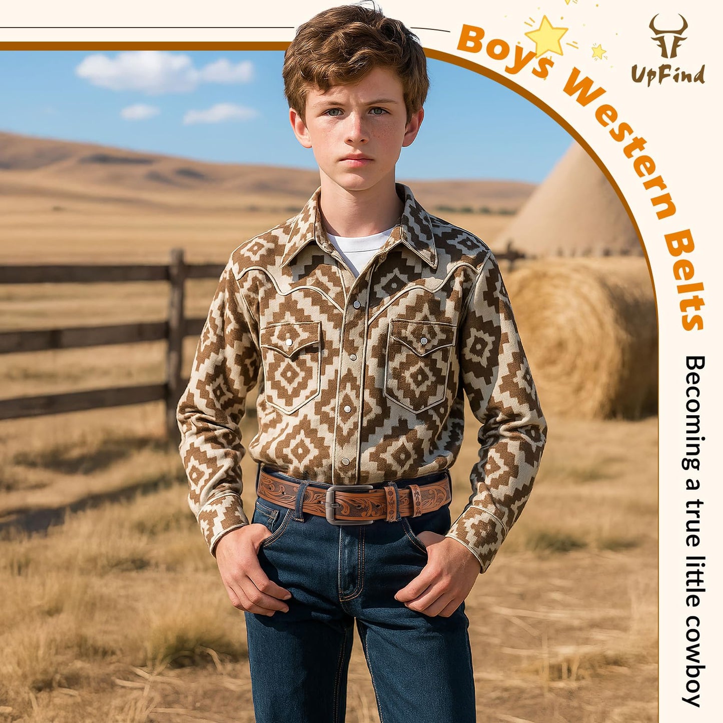 UpFind Boys Western Leather Belt Engraved Kids Cowboy Belt with Pin Buckle for Jeans Pant School Uniform Dress Up, 1.5" Wide