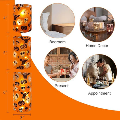 Halloween Flameless Candles with String Lights - Set of 3 Ghost Battery Operated Candle Flickering Floral LED Pillar Candles with Timer Remote for Home Decor Romantic Ambiance