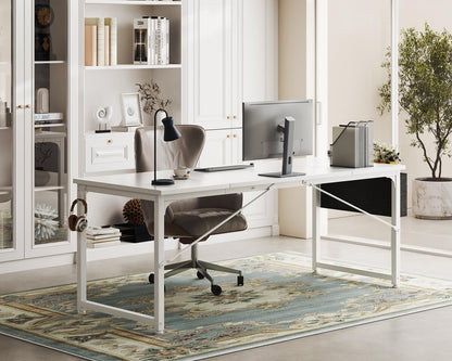 ODK Computer Desk Large Office Desk, 63 Inch Gaming Desk with Storage, Modern PC Work Table with Headphone Hook for Home Office, Splice Board, White + White Leg
