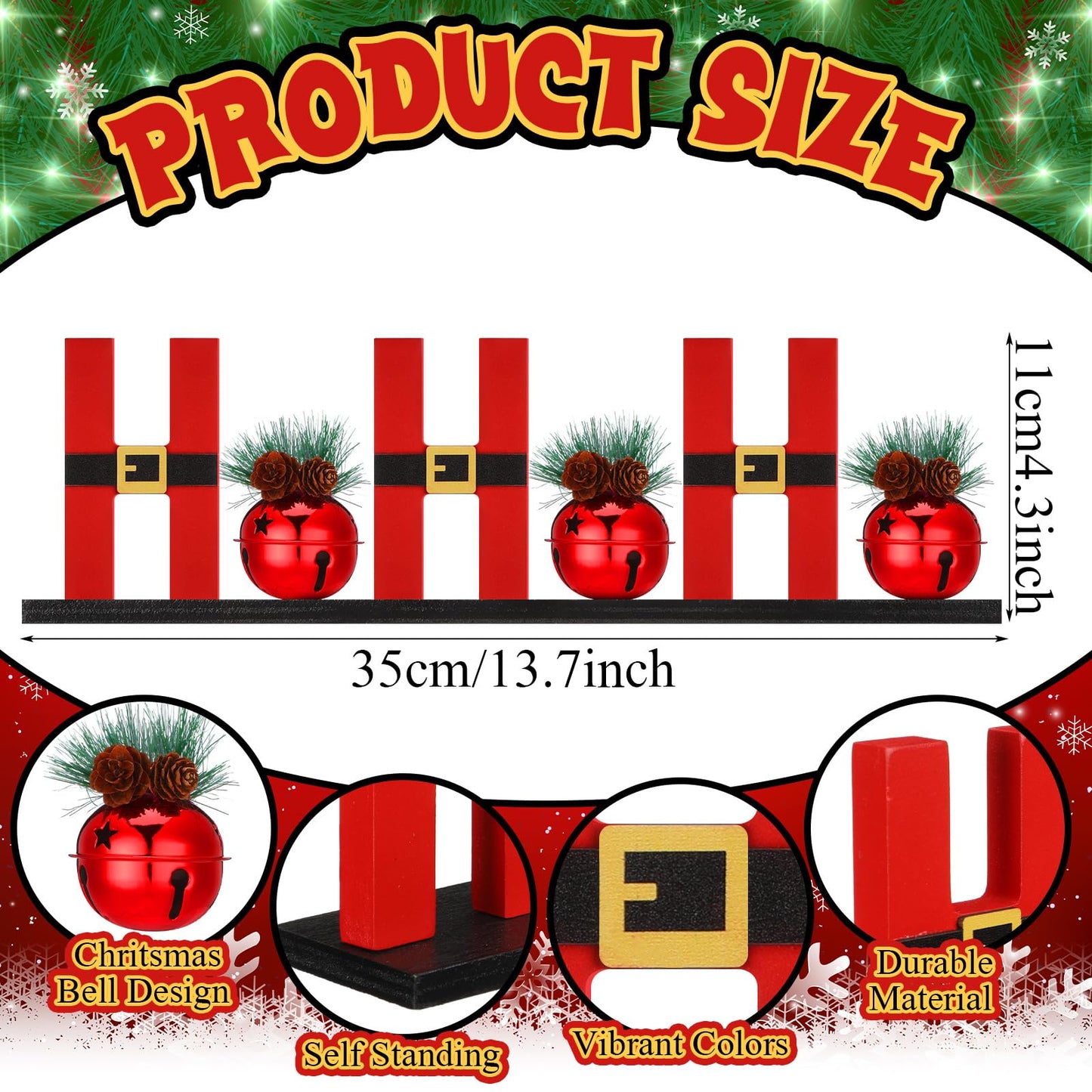 AceOrbit Christmas Table Decorations 13.7 Inches Hohoho Sign with Red Glitter Bells, 3D Christmas Letters Wood Freestanding Tabletop Centerpiece Santa Claus Design for Home Xmas Holiday Decor