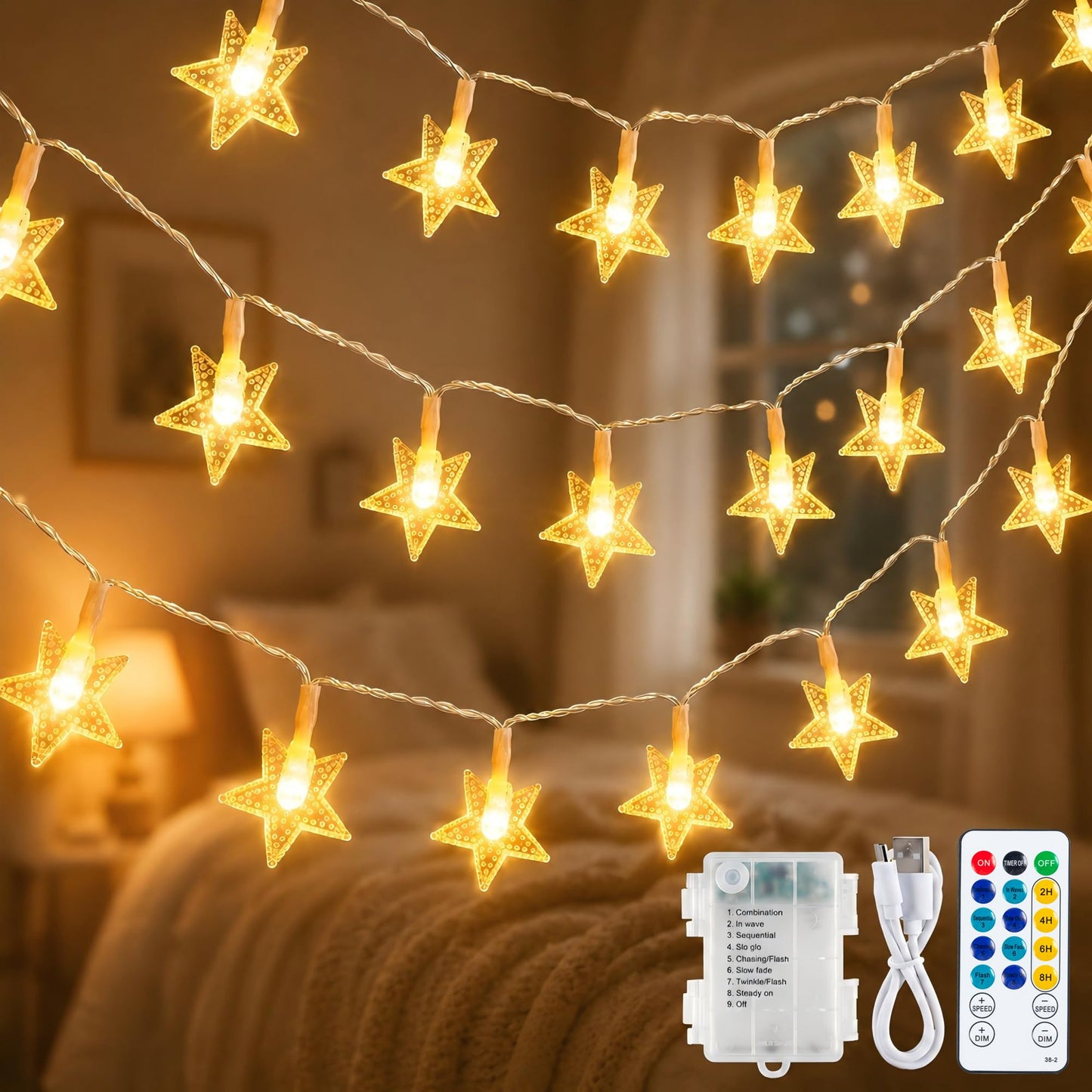 syosupviry Star String Lights Battery&USB Powered,19FT 50LED Star Fairy Lights with Remote, Hanging Star Lights for Home, Kids Tent, Bedroom,Porch, Classroom, Christmas,Party,Room Decor,Warm White