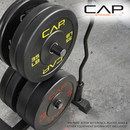 CAP Barbell Olympic Bumper Plate Tree Rack with 4 Weight Plate Posts and 2 Barbell Storage Holders – Heavy-Duty Steel Gym Organizer for Olympic Plates and Bars - Black