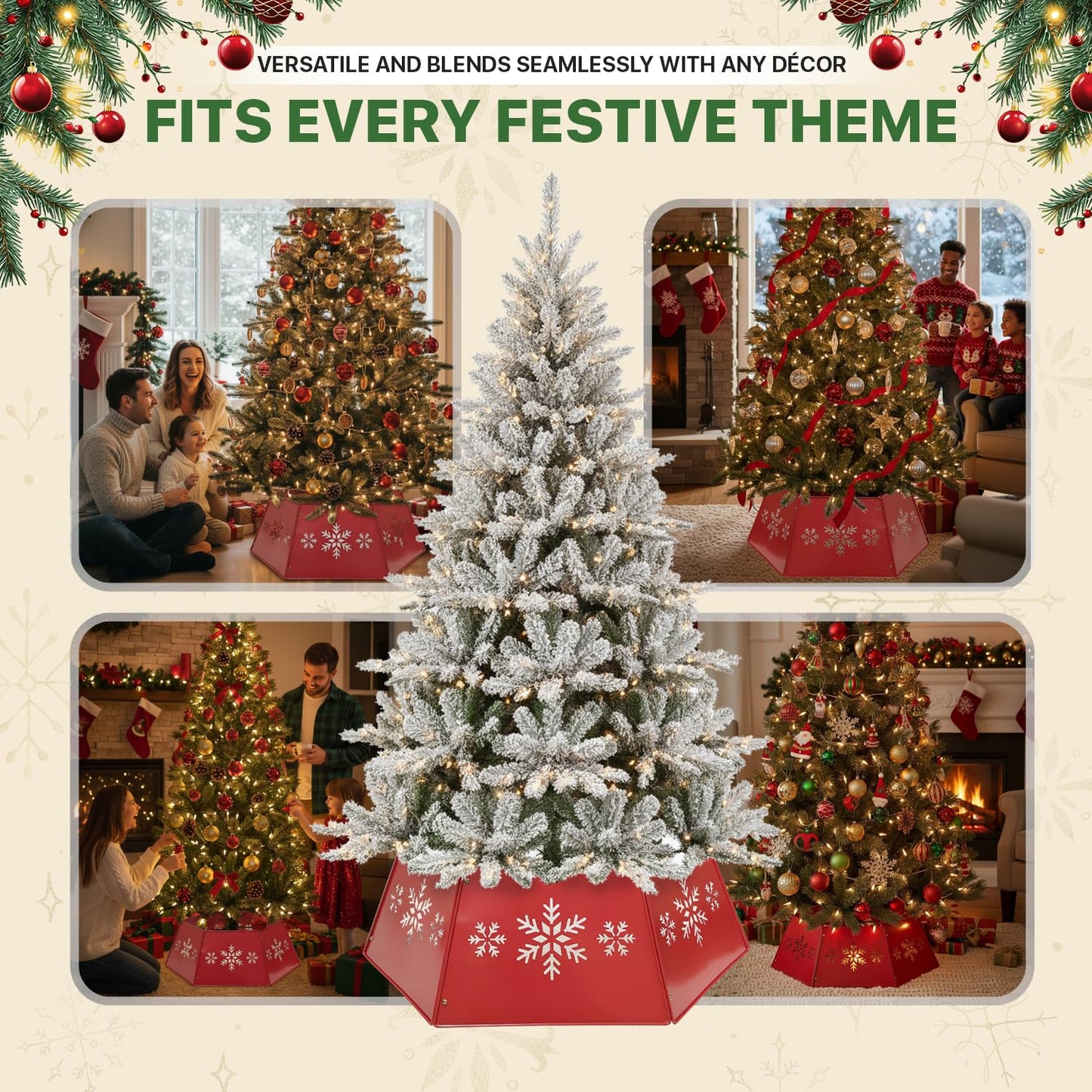 WKHOMEDECO 28" Christmas Tree Collar for Pencil Tree, Metal Tree Collar with Hollow-Out Snowflake Design, Pet-Proof Christmas Tree Collars for Artificial Trees, Secure & Reusable Holiday Decor (Red)