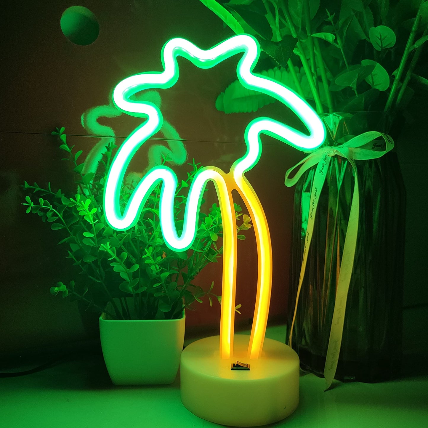 JYWJ Neon Signs with Holder Base,USB or 3-AA Battery Powered Neon Light,LED Desktop Wall Decoration,Various Parties,Decoration of Business Premises(Coconut Palm Tree)