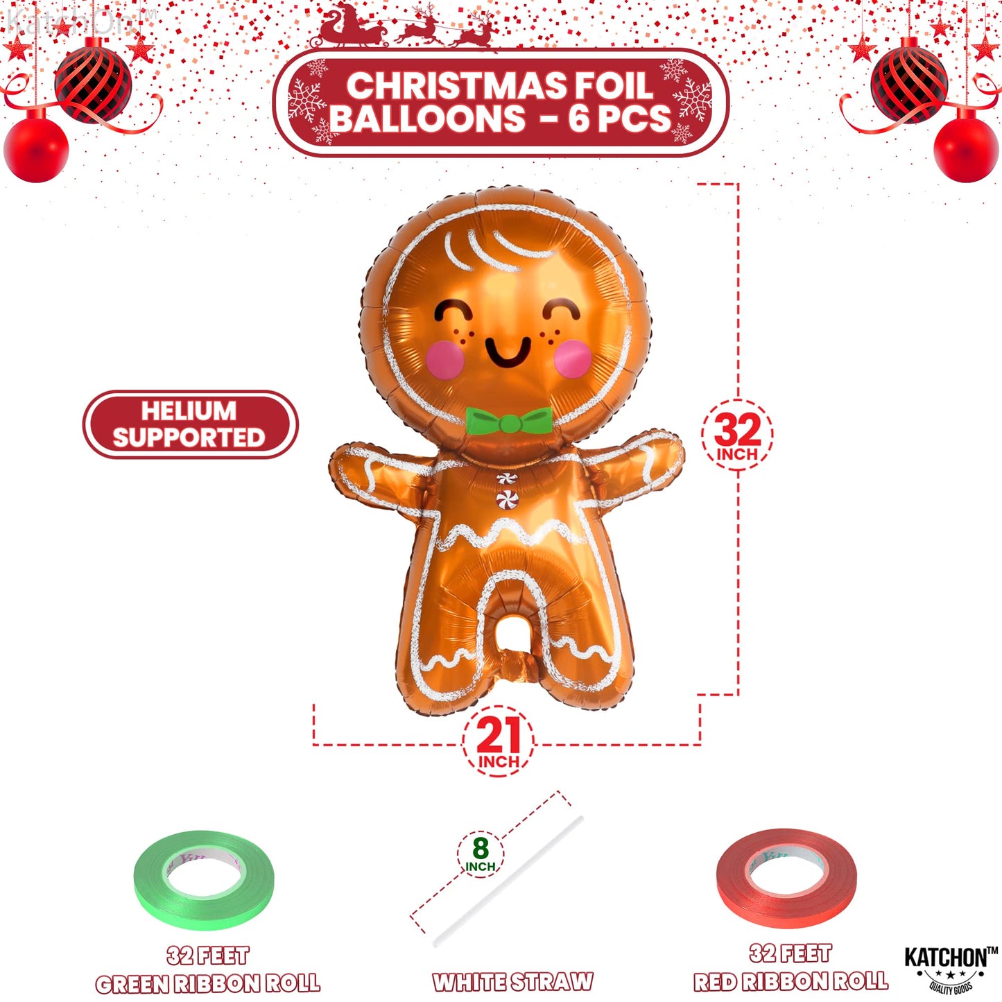 KatchOn, Big Merry Christmas Gingerbread Balloons - Pack of 6 | Gingerbread Man Balloon for Christmas Decorations | Foil Balloons for Xmas Decorations Indoor | Xmas Party Decor