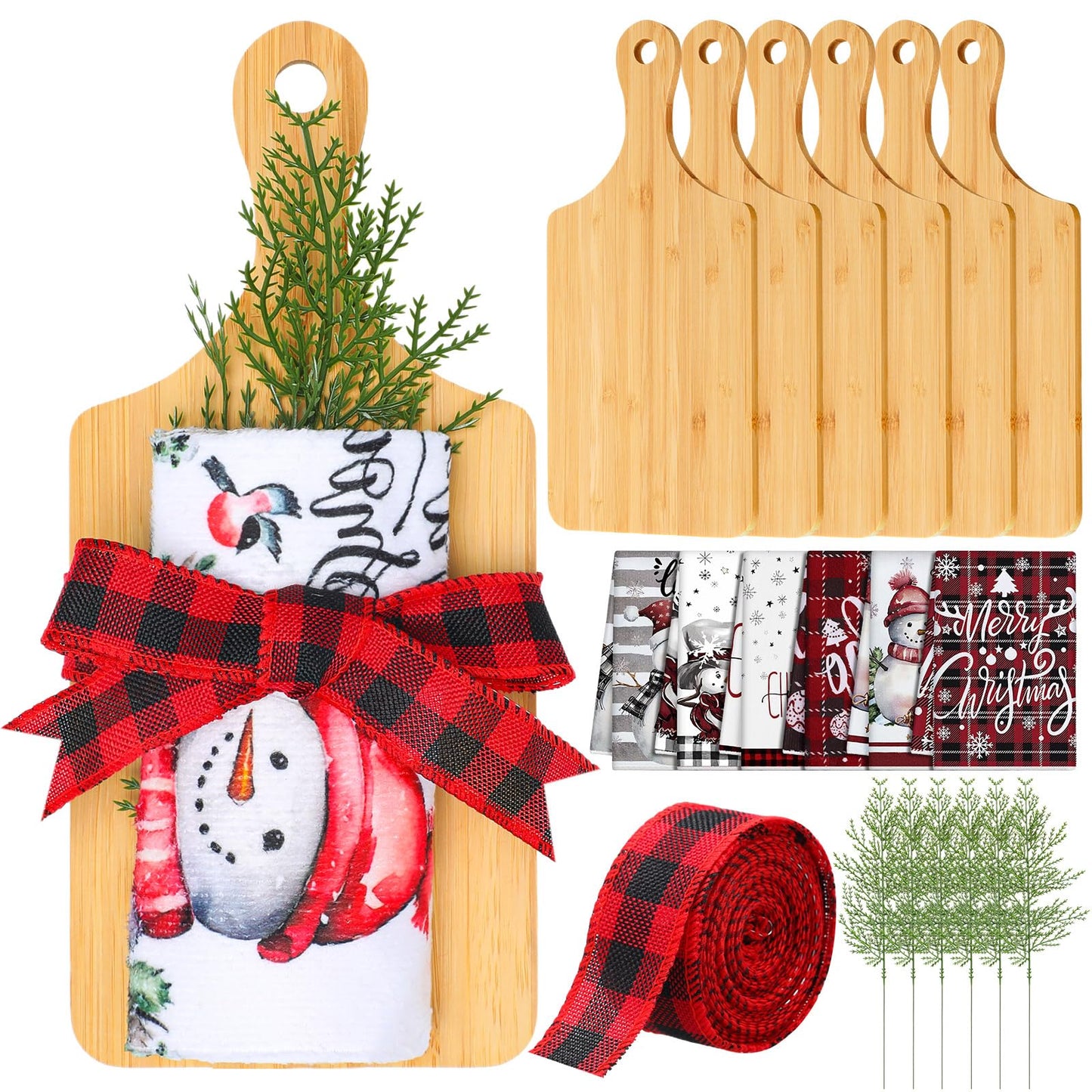 Hahafelt 6 Set Christmas Charcuterie Board Set Xmas Kitchen Gift for Housewarming Gifts New Home Square Wooden Cutting Cheese Board Chopping Serving Tray with Towel Pine Leaf Decoration Holiday Gift