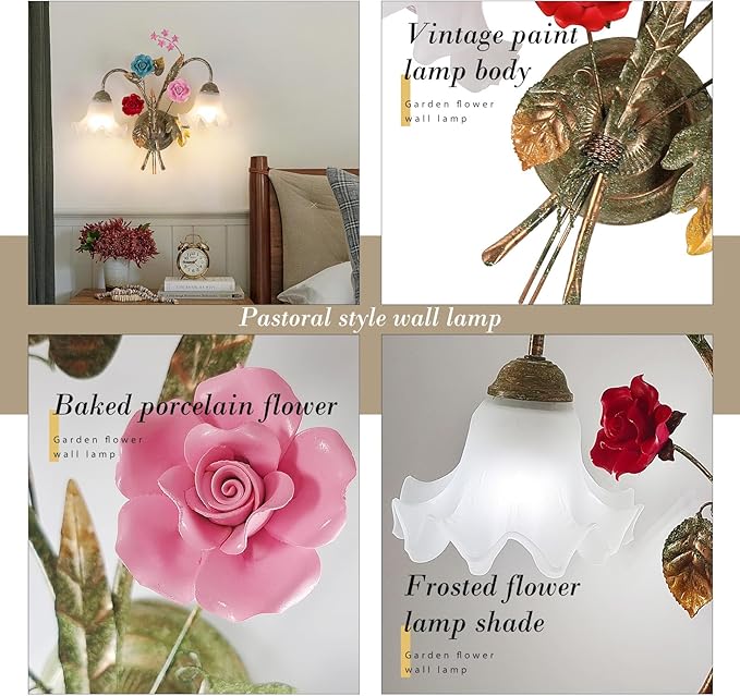 Vintage Floral Wall Sconce,Metal Wall Lamp with 2 Glass Lampshade,Mounted Wall Lamps for Bedroom Living Room Corridor Vanity Hallway E26 Wall Art Scones 48 * 42Cm