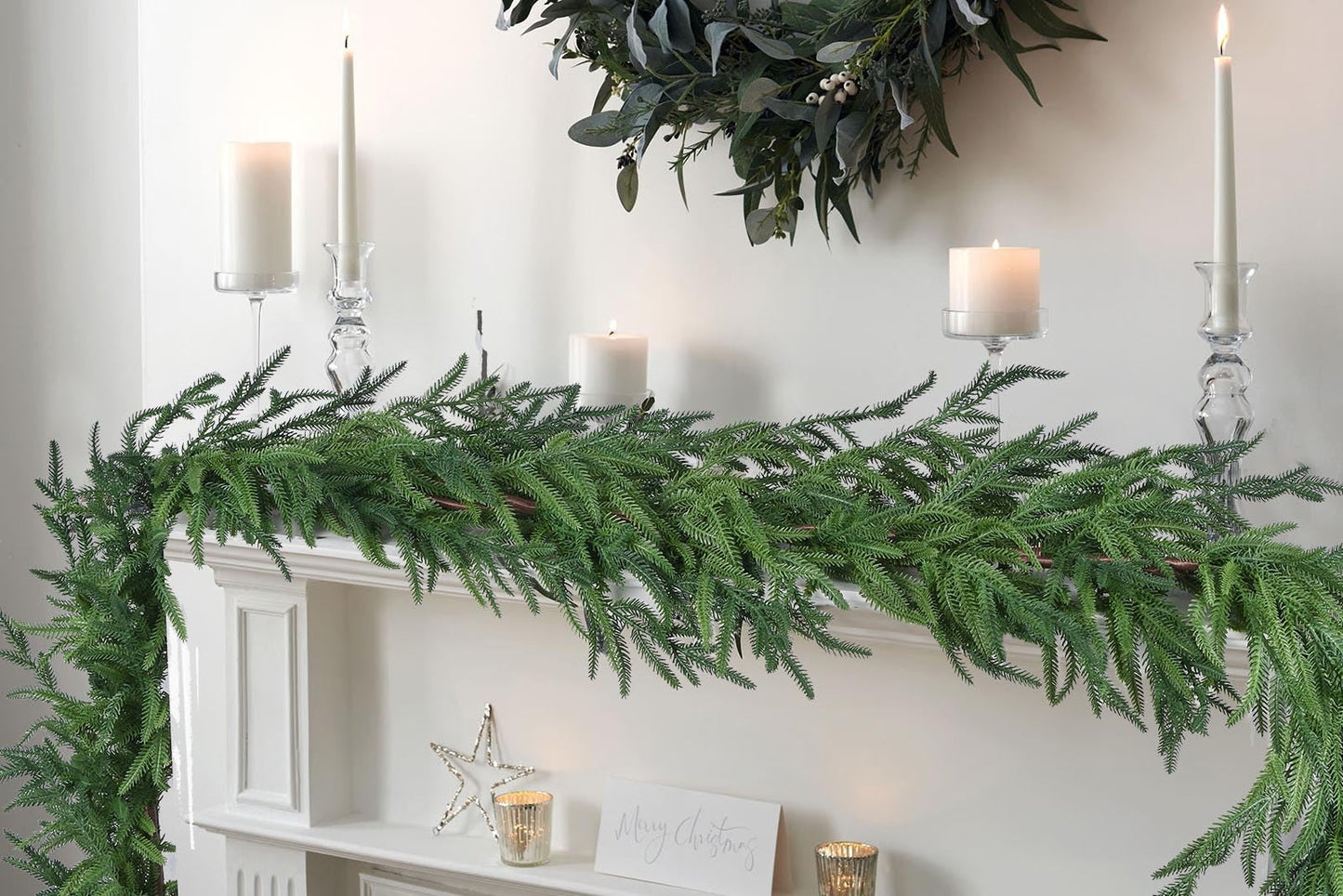 Norfolk Pine Garland Christmas Decoration - 9ft Realistic Pine Needles Artificial Greenery Garland for Holiday Mantel Fireplace Stairs Railing Table Home Decor