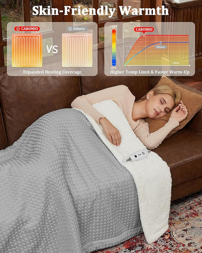 CAROMIO Heated Blanket Throw, Waffle Weave Electric Throw Blanket Fast Heating with LCD Controller, 6 Heat Levels & 4 Hour Auto Shut Off, ETL Certified, Machine Washable, Grey, 50" x 60"