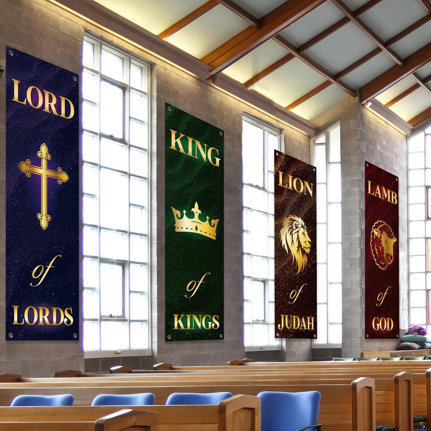 4Pcs Church Banners for Sanctuary Wall Welcome Religious Banners Hanging Backdrop Classic Lion King Lord Lamb Church Banner Scripture Bible Verses Exquisite Banner for Holiday Sunday School Decor