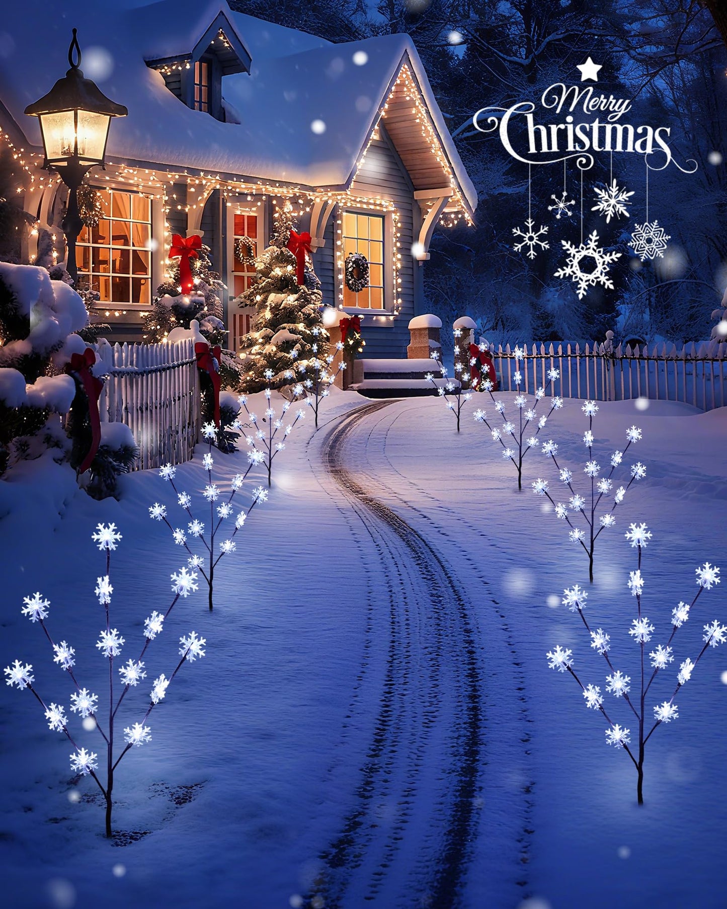 Brightown Snowflake Lights Outdoor Pathway, 4 Packs Lighted Branches Christmas Yard Decor, Small Christmas Tree with Lights, Twig Branch Light Outdoor Christmas Decorations Yard, White