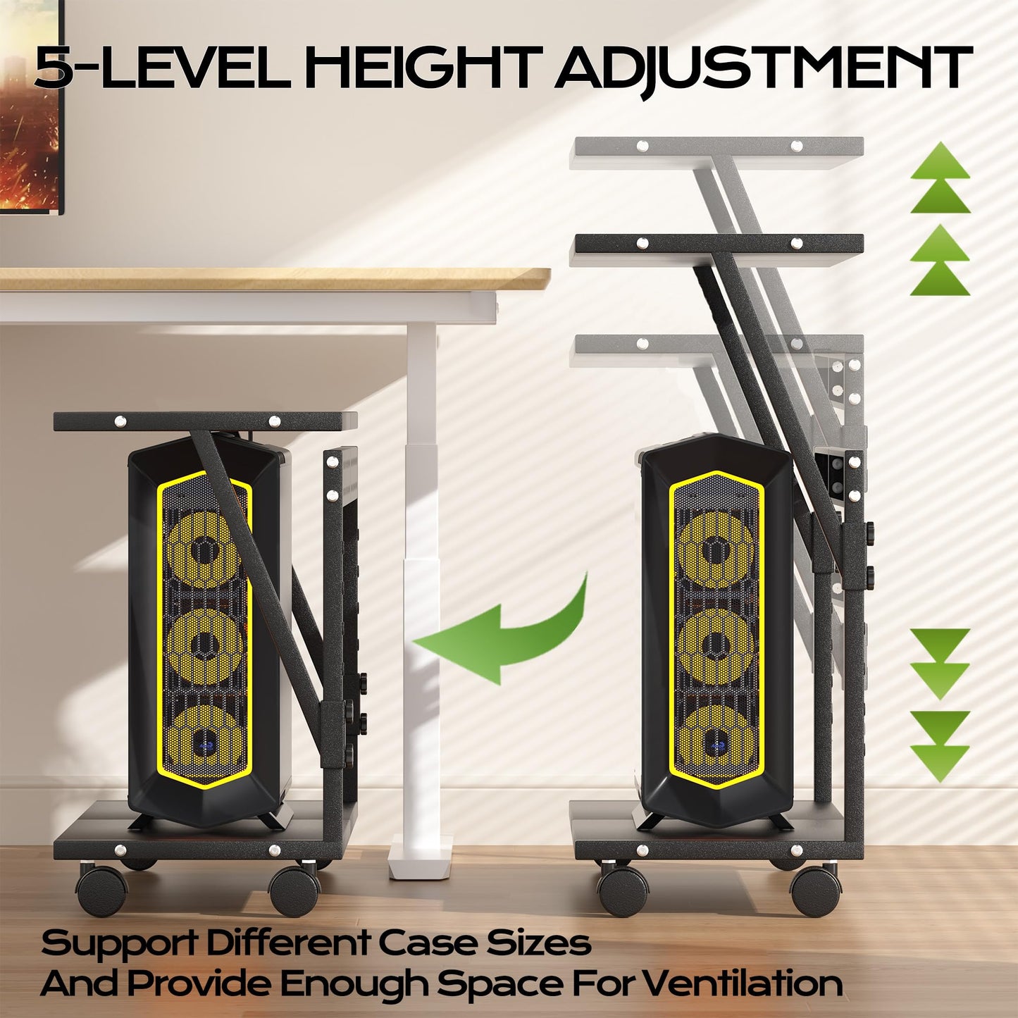 Tyfnry 24In Large PC Stand, 5 Levels Height Adjustable Computer Tower Stand with Wheels and Hooks, CPU Holder Cart for Floor, Carpet and Under Desk, Easy Assembly（NOT Including Power Strips）