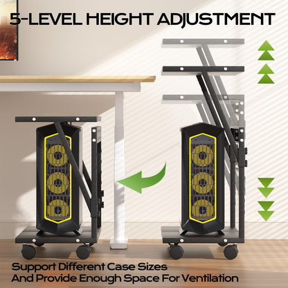 Tyfnry 24In Large PC Stand, 5 Levels Height Adjustable Computer Tower Stand with Wheels and Hooks, CPU Holder Cart for Floor, Carpet and Under Desk, Easy Assembly（NOT Including Power Strips）