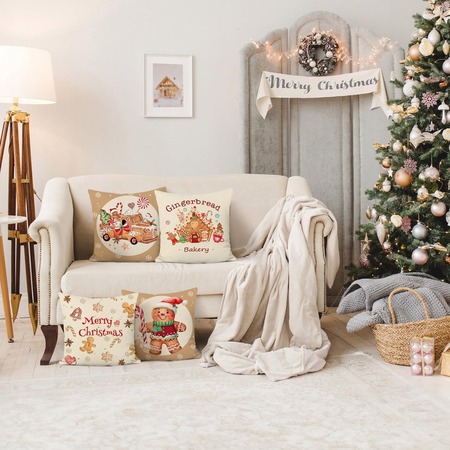 Bonhause Christmas Gingerbread Throw Pillow Covers 18x18 Inch Man House Truck Xmas Bakery Decorative Pillows for Couch Sofa Home Winter Holiday Decor Set of 4