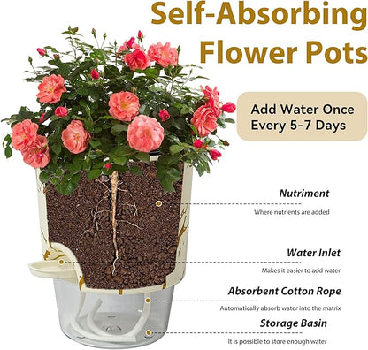 4.8 Inch Self Watering Pots for Indoor Plants 2 Pack, Plastic Modern Decorative Plant Pots with Transparent Water Reservoir, Outdoor Garden Flower Herb Succulent Pot, Marble Printed