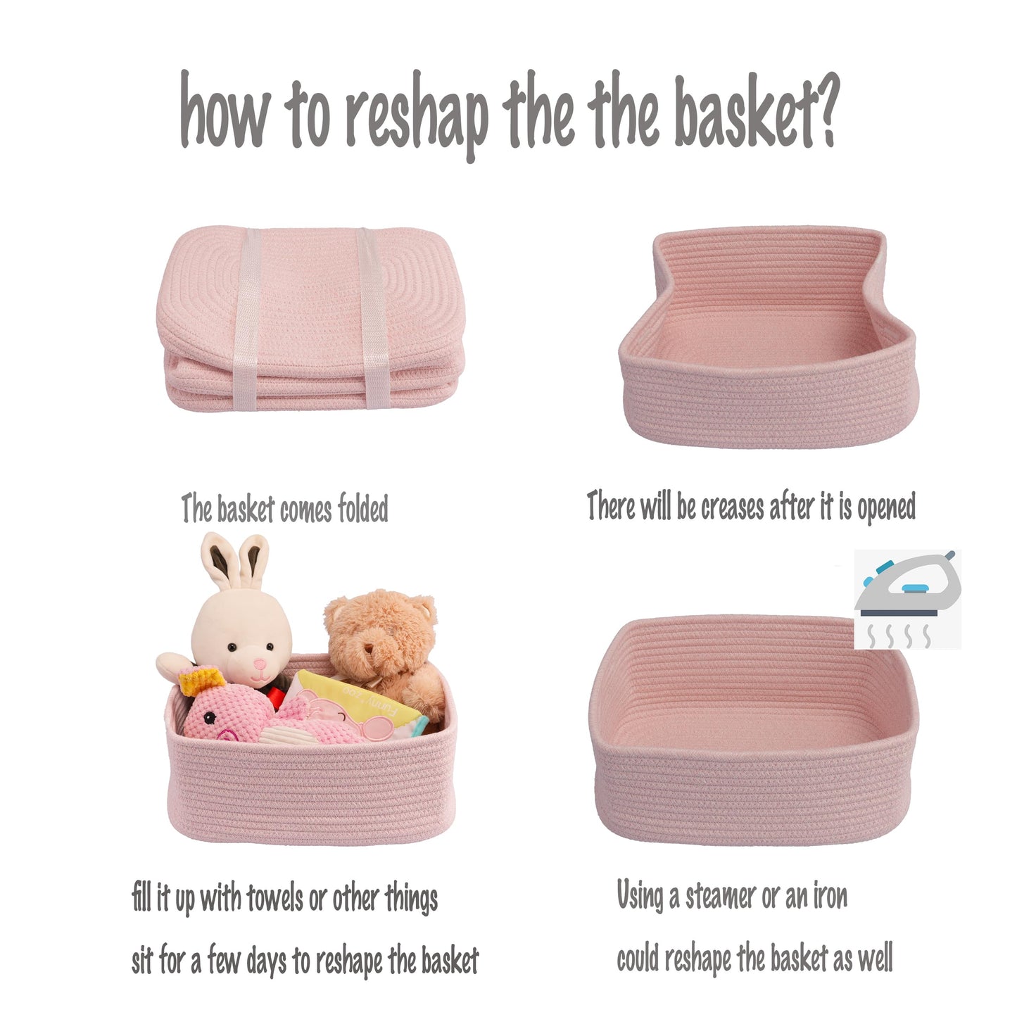 XUANGUO Small Woven Storage Baskets 12“X8”X5“ Decorative Rope Bins for Organizing Shelves, Closets, and Toys, Empty Gift Baskets, Cute Organizer Basket for Home and Office (pink, regular)