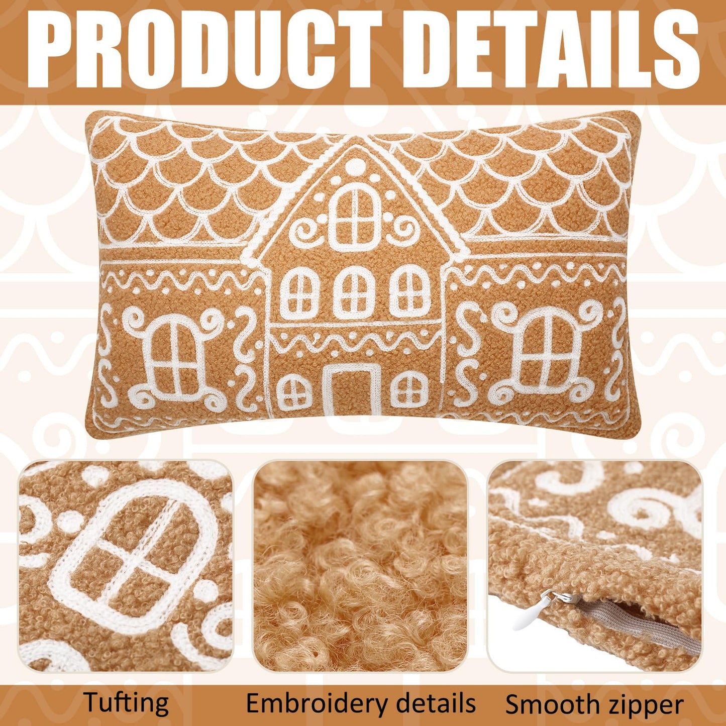 Tudomro Christmas Gingerbread House Pillow Covers 12x20 Inch Gingerbread House Shaped Embroidered Sherpa Holiday Decorative Throw Pillow Cases for Xmas Home Bedroom Couch(Retro,Brown)