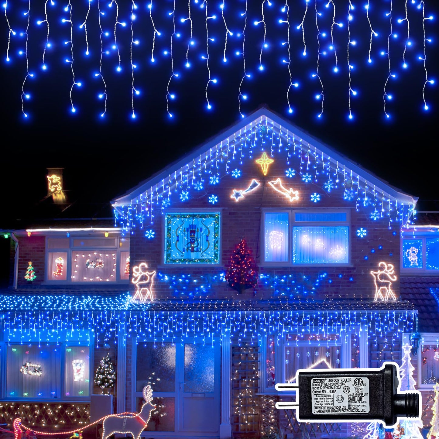 BYIZO Christmas Outdoor Icicle Lights - 200 LED 21+16 FT 8 Modes Curtain Fairy String Light Plug in, Waterproof for Eaves Yard Holiday Xmas Holiday Indoor Outdoor Decoration - Blue