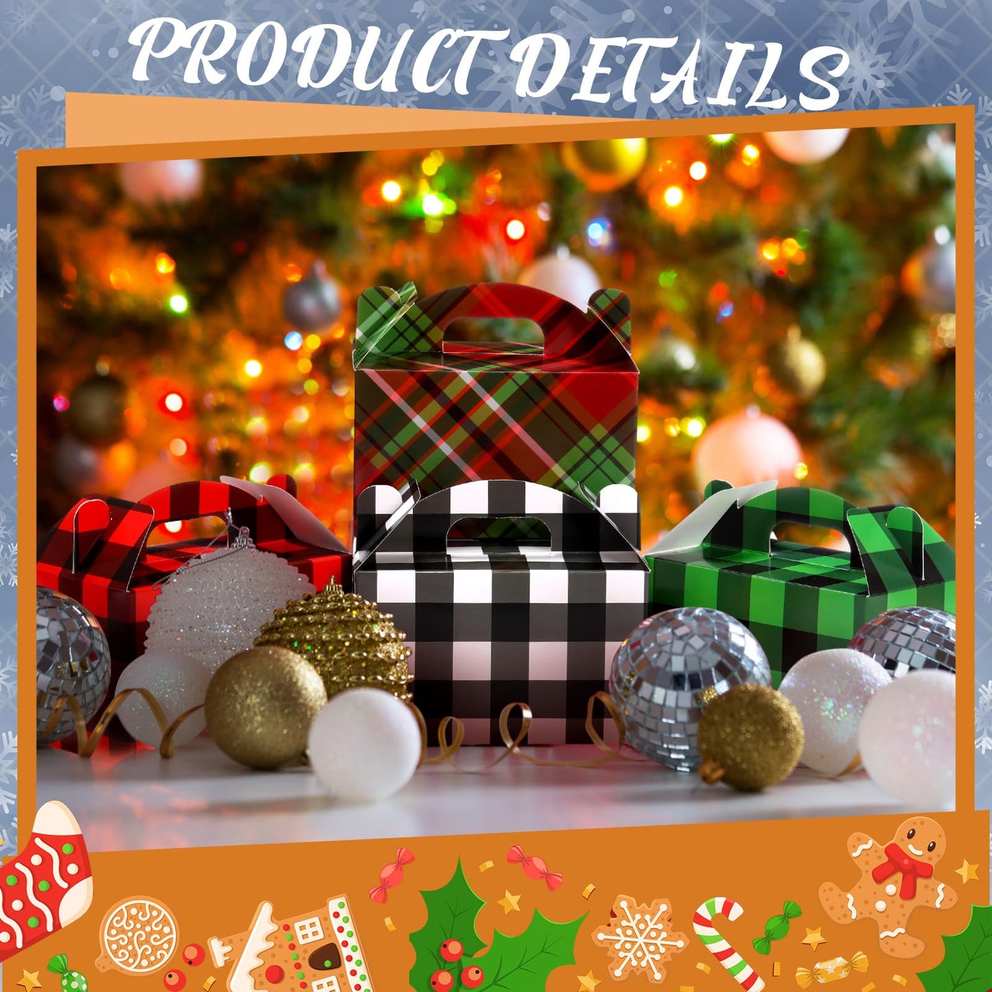 Clabby 24 Pcs Christmas Treat Boxes with Handles 3D Christmas Cookie Gift Boxes Cardboard Goodie Candy Bags Xmas Santa Elf Snowman Elk Gingerbread Holiday Party Favor Supplies, 4 Design(Plaid Style)