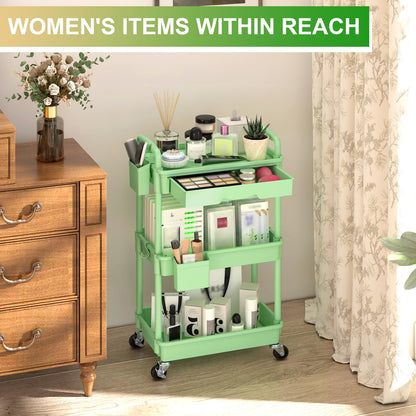 Goovilla 3 Tier Rolling Utility Cart Organizer with Removable Drawer, Stable and Sturdy Black Rolling Storage Carts with 2 Lockable Wheels for Bathroom, Kitchen, Snack, Craft, Makeup, Baby Essentials