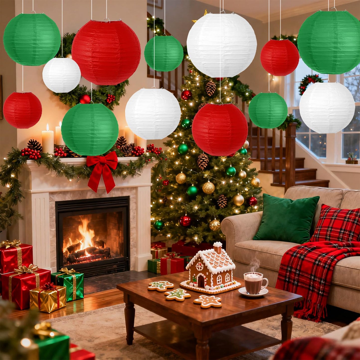 YIOTJUNL 14 PCS Red Green White Paper Lanterns, 6 8 10 Inch Hanging Ornaments for Cinco de Mayo Decorations, Mexican Fiesta Party Supplies, Italian Pizza Theme, Strawberry Birthday Decor