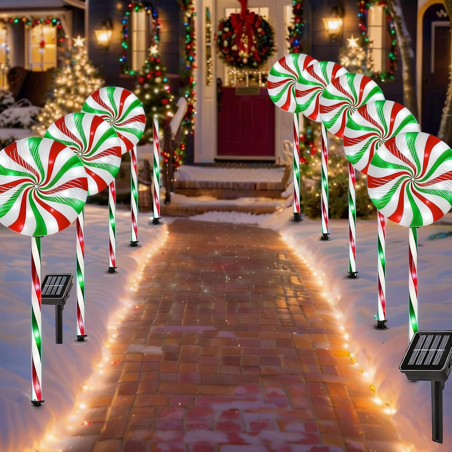 NAHIYELAS Christmas Solar Lollipop Pathway Lights 5 Pack Outdoor Candy Cane Stake Light with Bow Waterproof Walkway Xmas Outsides Garden Yard Lighting Landscape Decorative Decoration