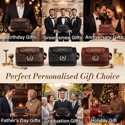 giftoria Father's Day Travel Toiletry Bag for Men, Leather Waterproof Shaving Kit Bag with Hanging Hook, Birthday Anniversary Christmas Presents for Father(S)