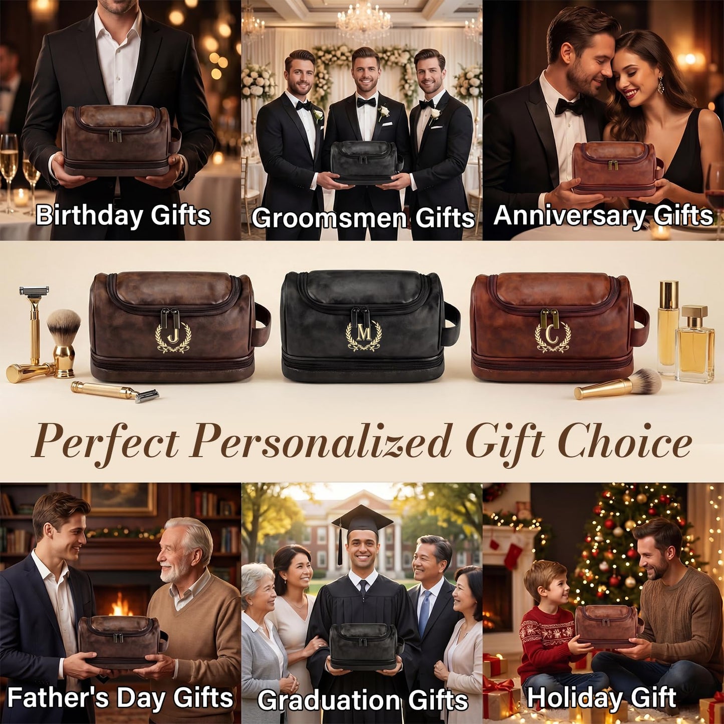Groomsmen Gifts for Men Travel Toiletry Bag, Personalized Leather Toiletry Bag with Handle & Hook, Water Resistant Shaving Kit Bag for Wedding Party Bachelor Party Favors Bestman Gifts(T)