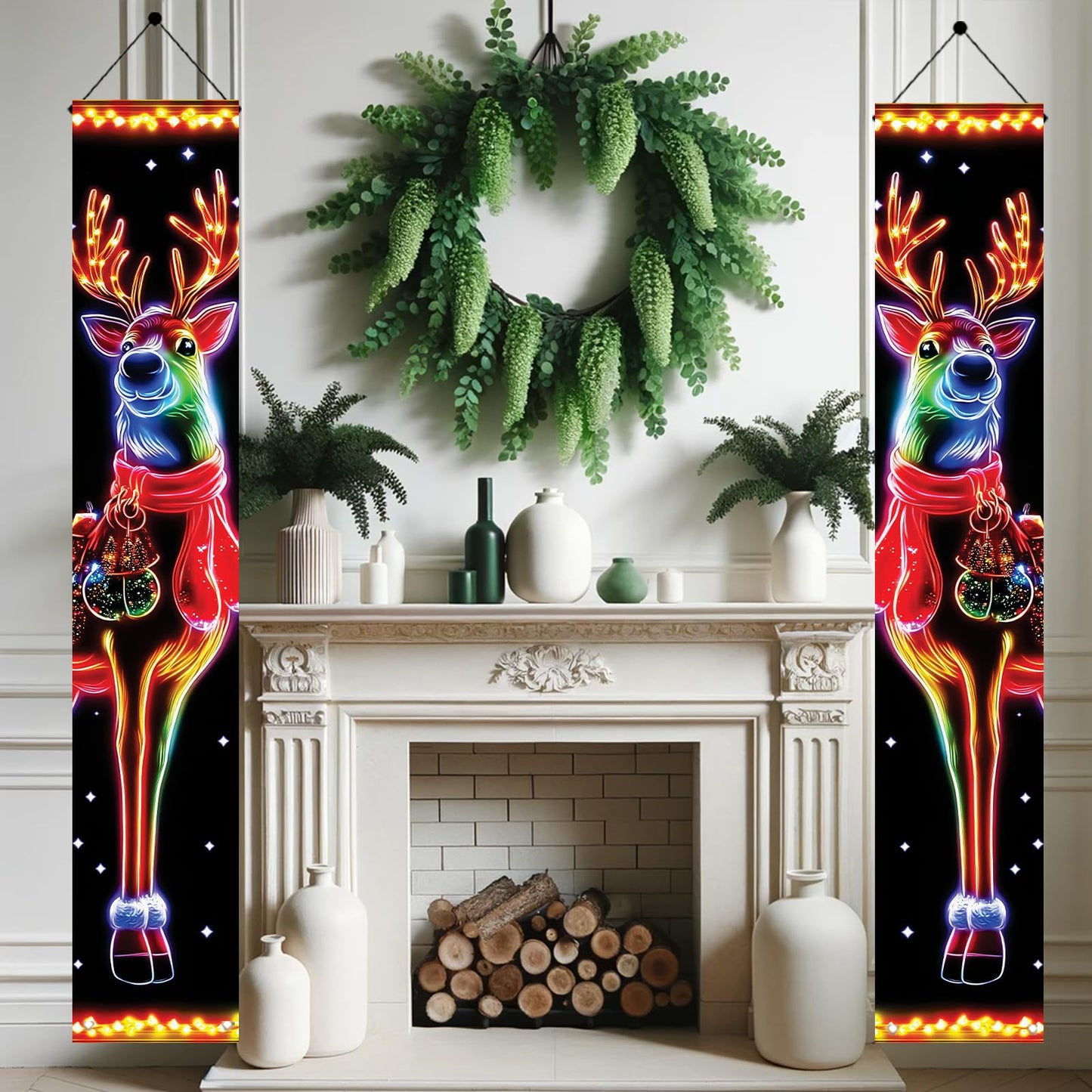 Saoplasa 2PCS Christmas Porch Banners 71 x 12 Inch Neon Reindeer Holiday Door Decorations LED Style Lighted Outdoor Hanging Signs for Xmas Party Front Entryway Yard Wall Festive Winter Welcome Display