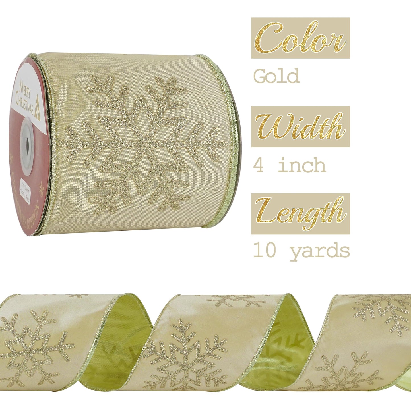 MEEDEE 4 Inch Champagne Gold Snowflake Ribbon Satin Wired Christmas Tree Ribbon with Champagne Glitter Snowflake 10 Yards Champagne Gold Ribbons for Christmas Tree, Garlands, Topper Bow