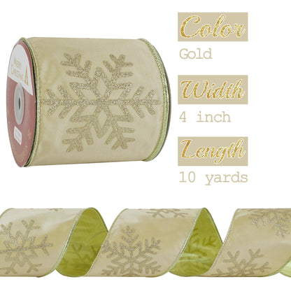 MEEDEE 4 Inch Champagne Gold Snowflake Ribbon Satin Wired Christmas Tree Ribbon with Champagne Glitter Snowflake 10 Yards Champagne Gold Ribbons for Christmas Tree, Garlands, Topper Bow