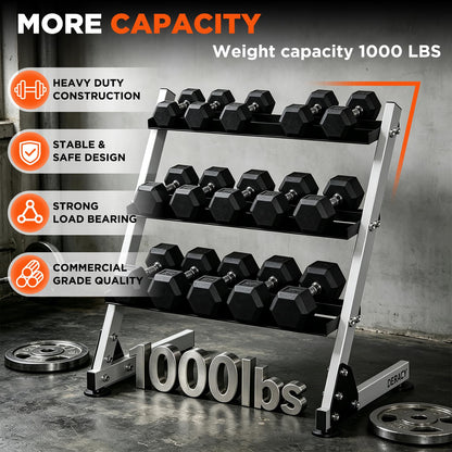 DERACY Dumbbell Rack, 3-Tier Dumbbell Weight Rack for Home Gym, Dumbbell Set Organizer for Dumbbell Kettlebell Barbell, Heavy Duty Weight Storage Rack, Dumbbell Stand Only