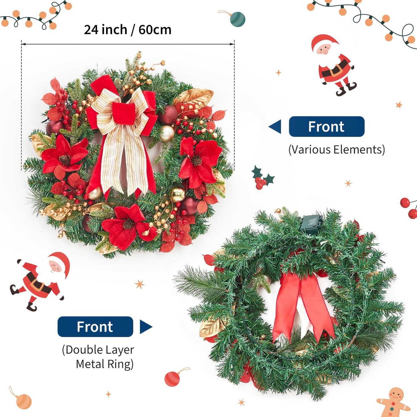 GarveeHome Christmas Wreath, 24 in Artificial Pre-Lit Christmas Wreaths for Front Door with 20 LED Lights & 8 Modes, Pine Needles & Red Berries, Accent Decor for Winter Holiday Home Office Apartment