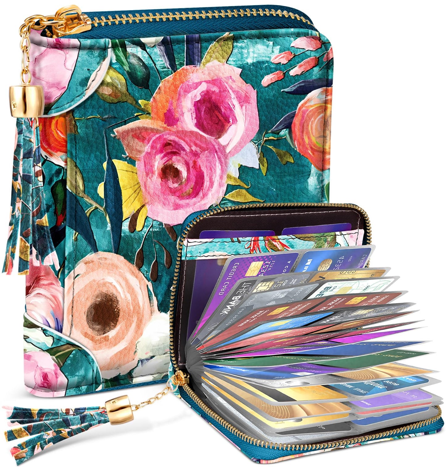 Bistup 【40 Slots Credit Card Holder for Women Girls Cute RFID Blocking Card Organizer Leather Cardholder Protector for Lady Female Large Capacity Size Big Zipper Wallet Flower Luxury Aesthetic Unique