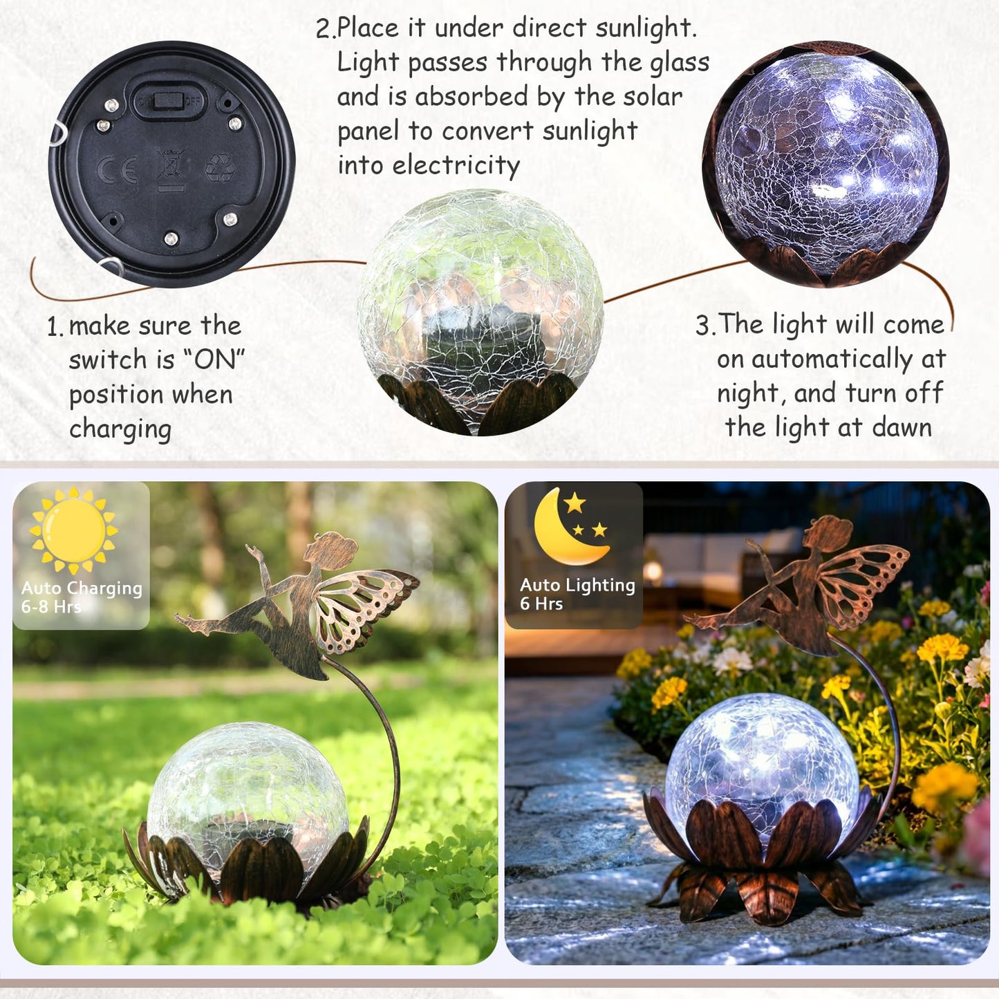 MUMTOP Solar Lantern Fairy Light, Crackle Glass Solar Lights Outdoor LED Waterproof Tabletop Lamp for Table, Yard, Garden, Patio, Lawn Decor or Mother's Day Gifts