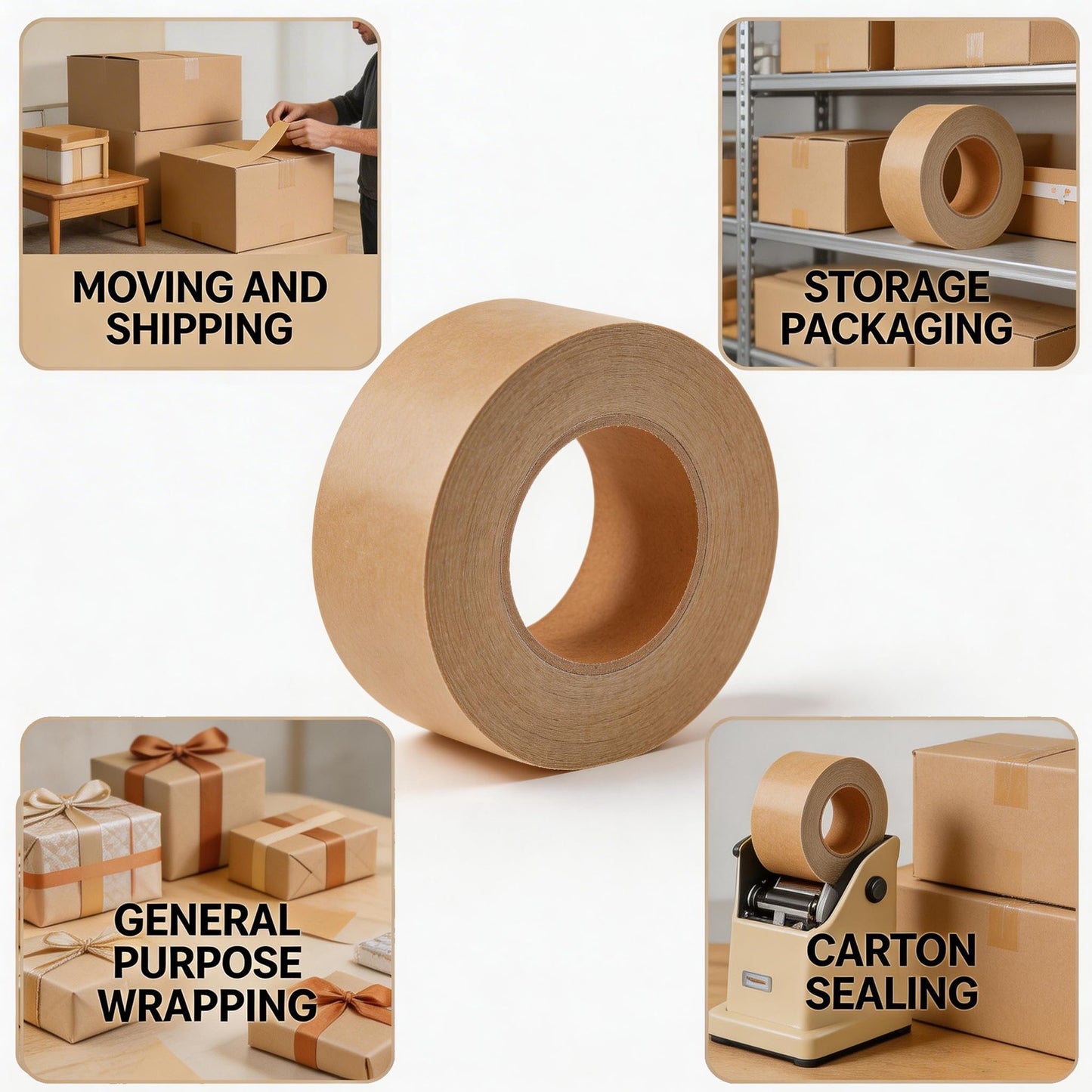 Joisonwoo Water Activated Gummed Kraft Paper Tape, Water Activated Tape Brown, 6-Rolls 2.75" x375ft, Heavy Duty for Moving & Tamper Evident Shipping
