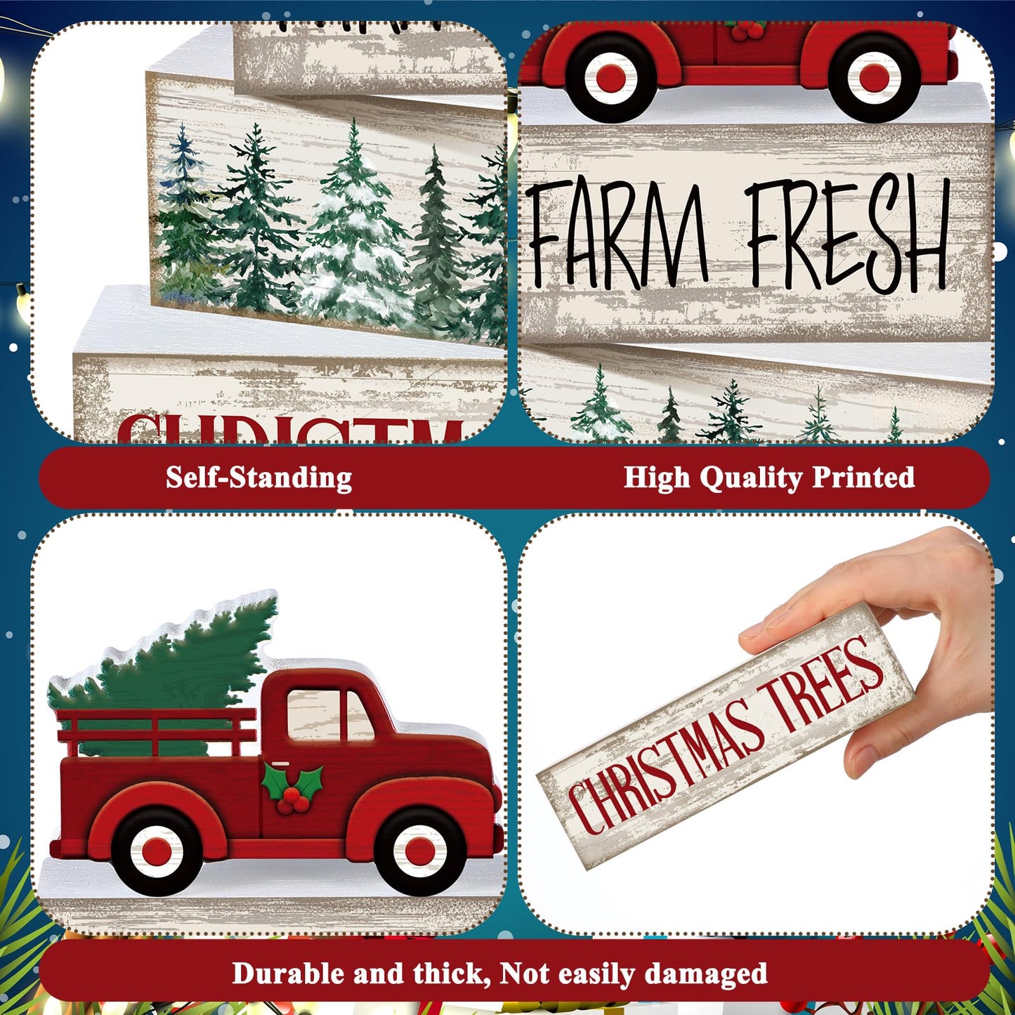 Lineshading 4 Pcs Christmas Decor Wooden Red Truck Winter Tiered Tray Decor Rustic Merry Christmas Table Centerpiece Wood Red Truck Block Sign Gift Farmhouse for Home Kitchen Tabletop Office Shelf