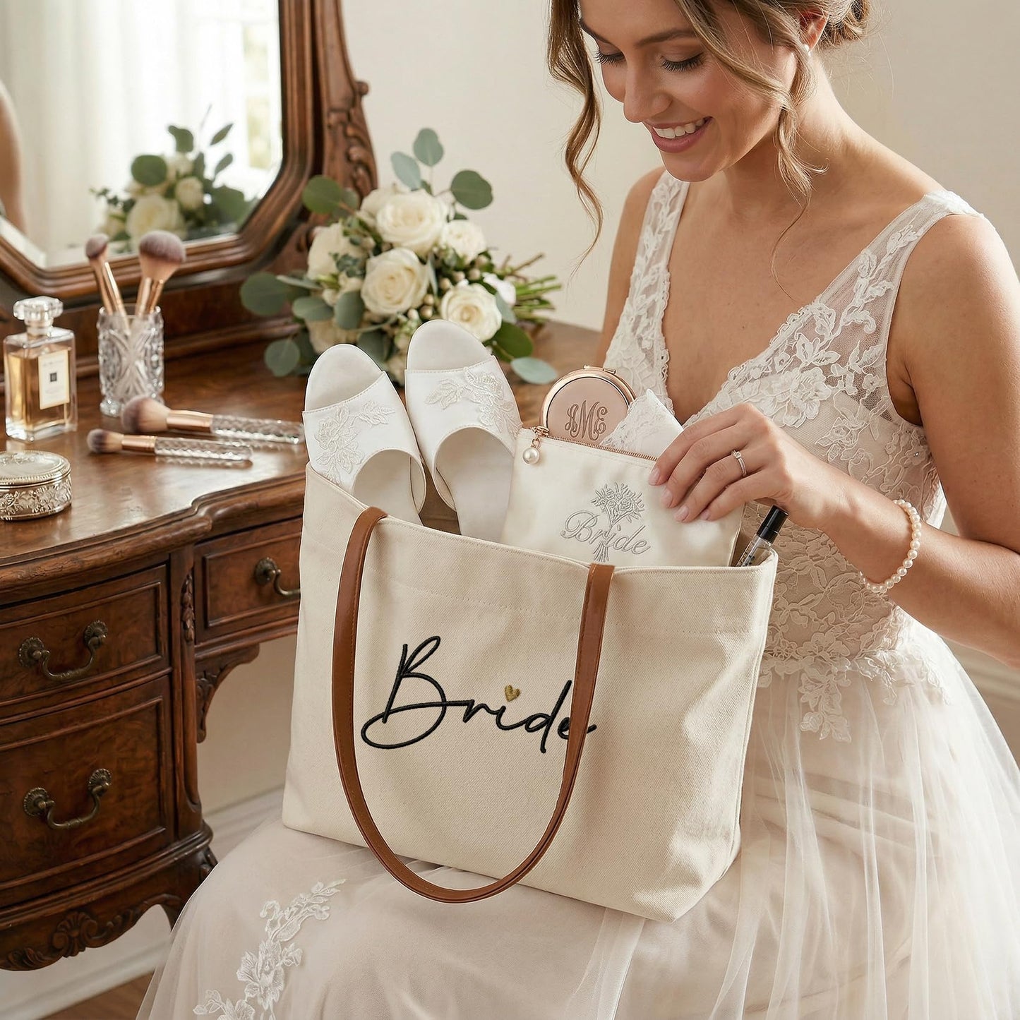 Ugiftcorner Bridal Shower Gifts for Bride Tote Bag, Embroidered Canvas Wedding Essential Bag with Leather Handle & Pocket, Bride to be Gifts, Bachelorette Honeymoon Beach Bag