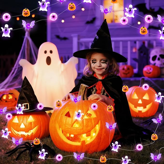 Halloween String Lights, 16 ft 50 LED Pumpkin Bat Eyes Ghost Battery Operated Lights for Lawns Garden Outdoor Holiday Party Halloween Decorations (1 Pack)