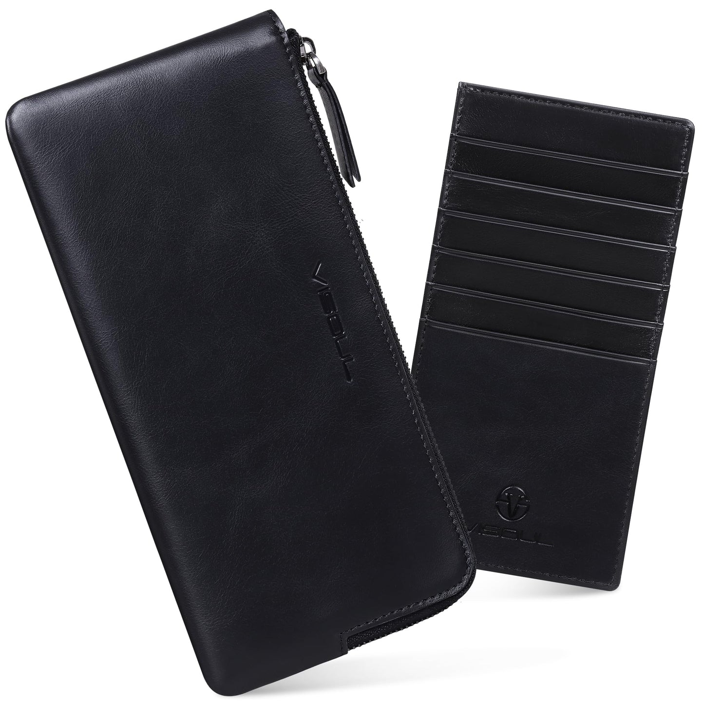 VISOUL Long Zipper Cash Wallet for Men and Women with Removable Credit Card Holder, Soft Genuine Leather Clutch Wallet-Black
