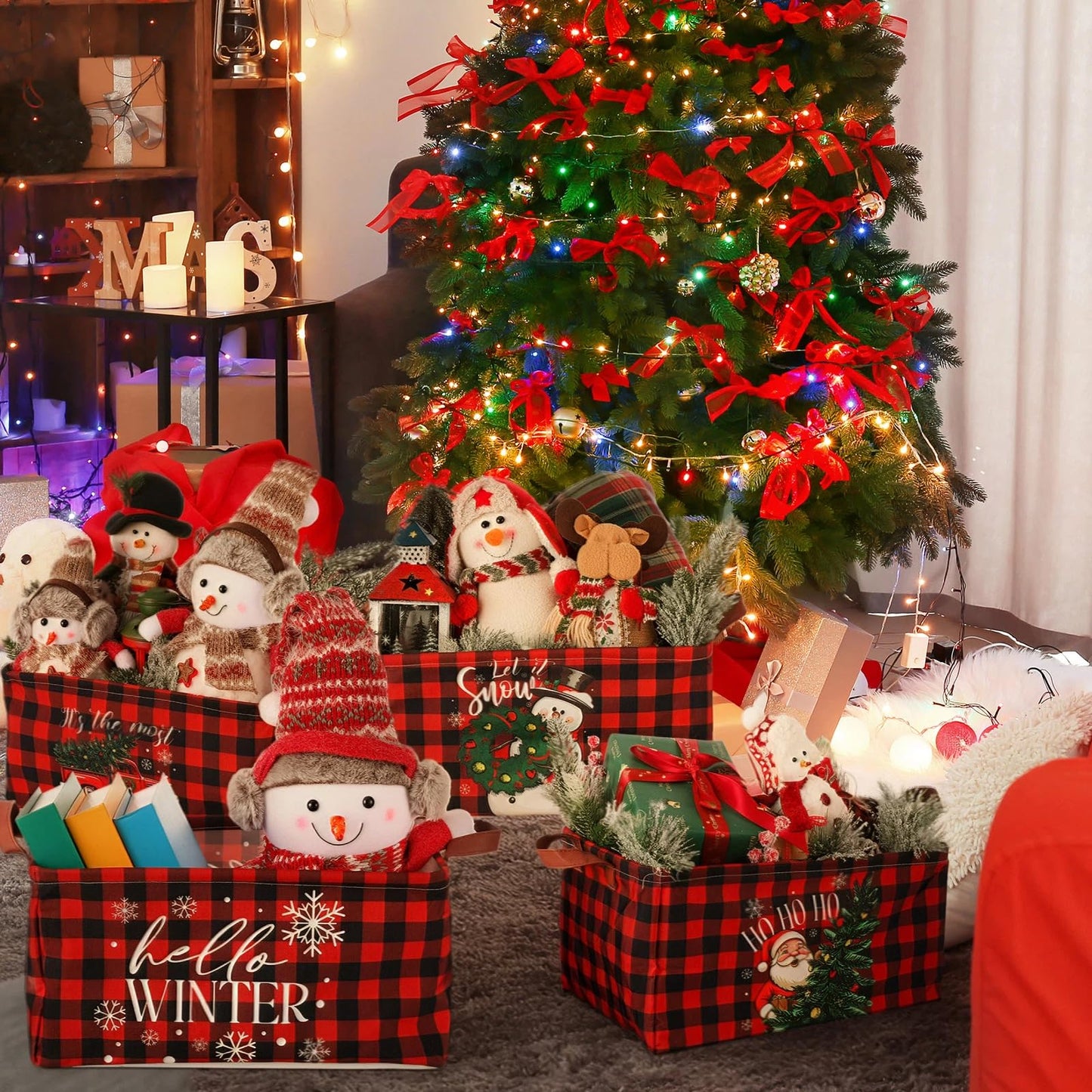 CHENGU 6 Pack Christmas Storage Basket Collapsible Christmas Basket for Gifts Buffalo Plaid Holiday Decor Large Snowman Bin Foldable Xmas Tree Box with Handle for Bedroom Office Home