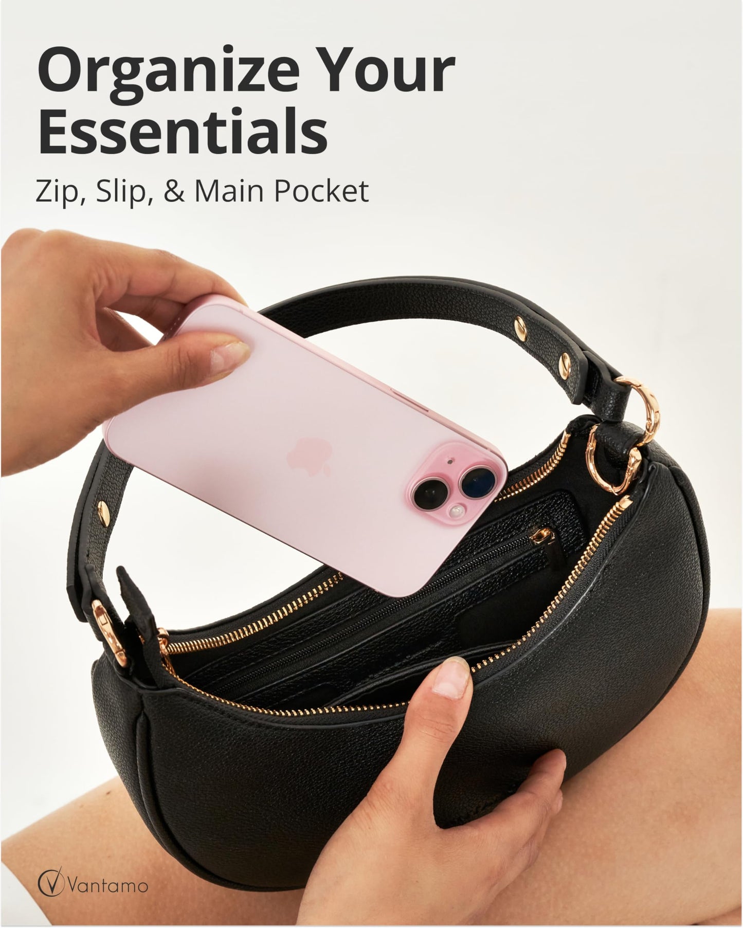 Vantamo Crescent Bags For Women with RFID Protection, Half Moon Clutch Purses for Women with Anti-Theft Clip for Extra Safety, Premium Smooth PU Leather Handbags for Work & Going Out, Black Purse