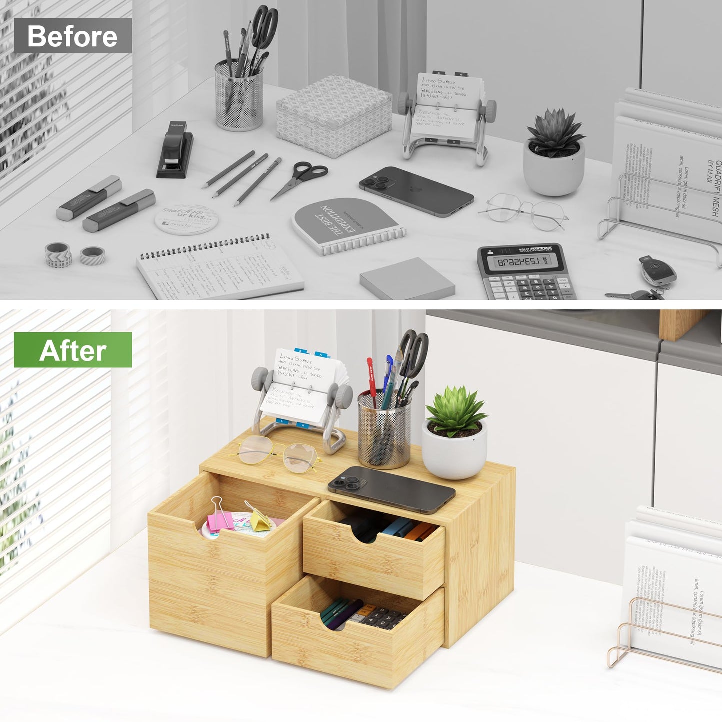 Wisuce Desk Organizer with Drawers - Bamboo Desktop Organizer Storage | White-Natural Wood Desk Drawers Organizer for Bills, Office Supplies, Cosmetics, Seals No Assembly Required(3 drawers edge-free)