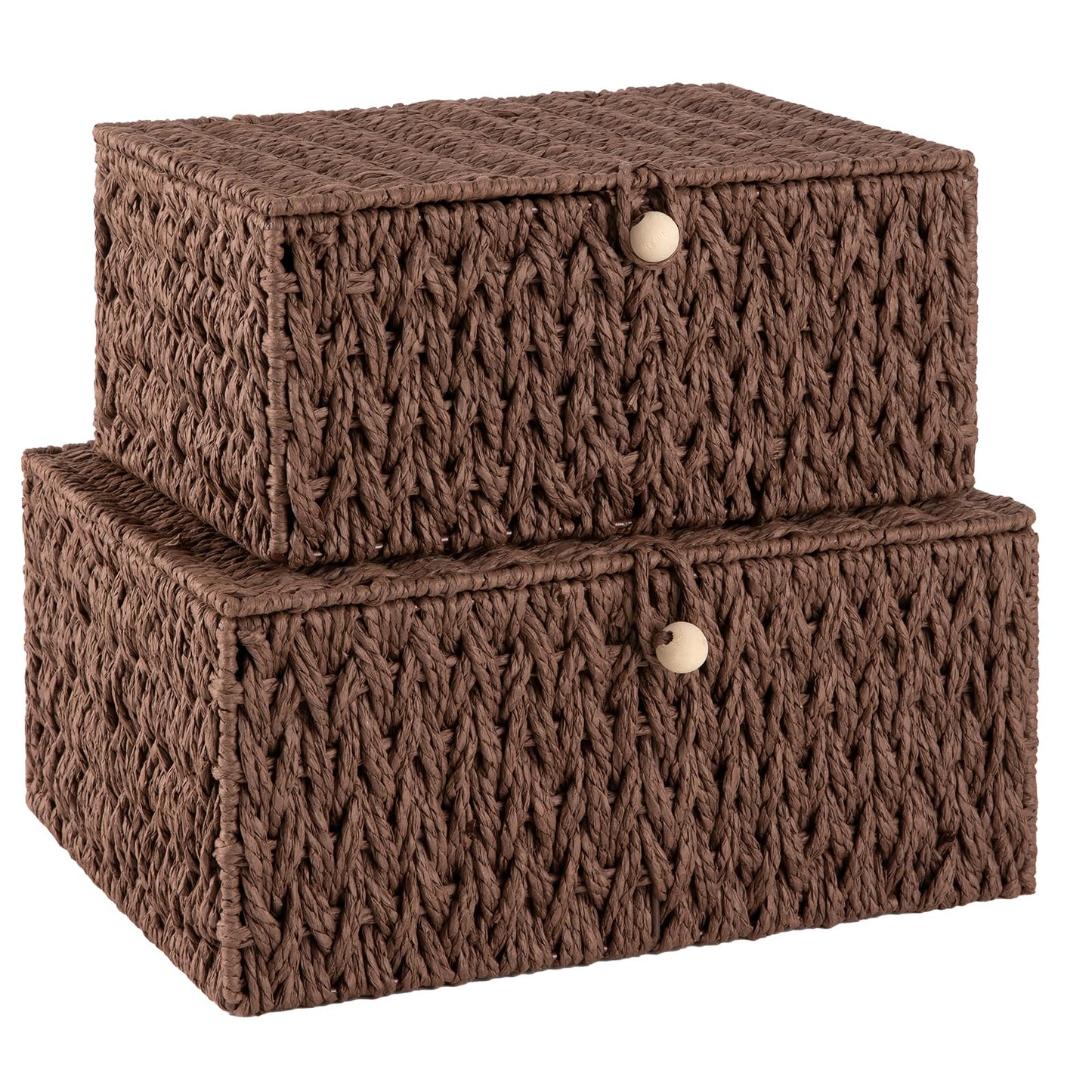 OIAHOMY Wicker Storage Basket with Lid & Lock, Lidded Storage Bins, Decorative Baskets for Organizing, Set of 2-Brown