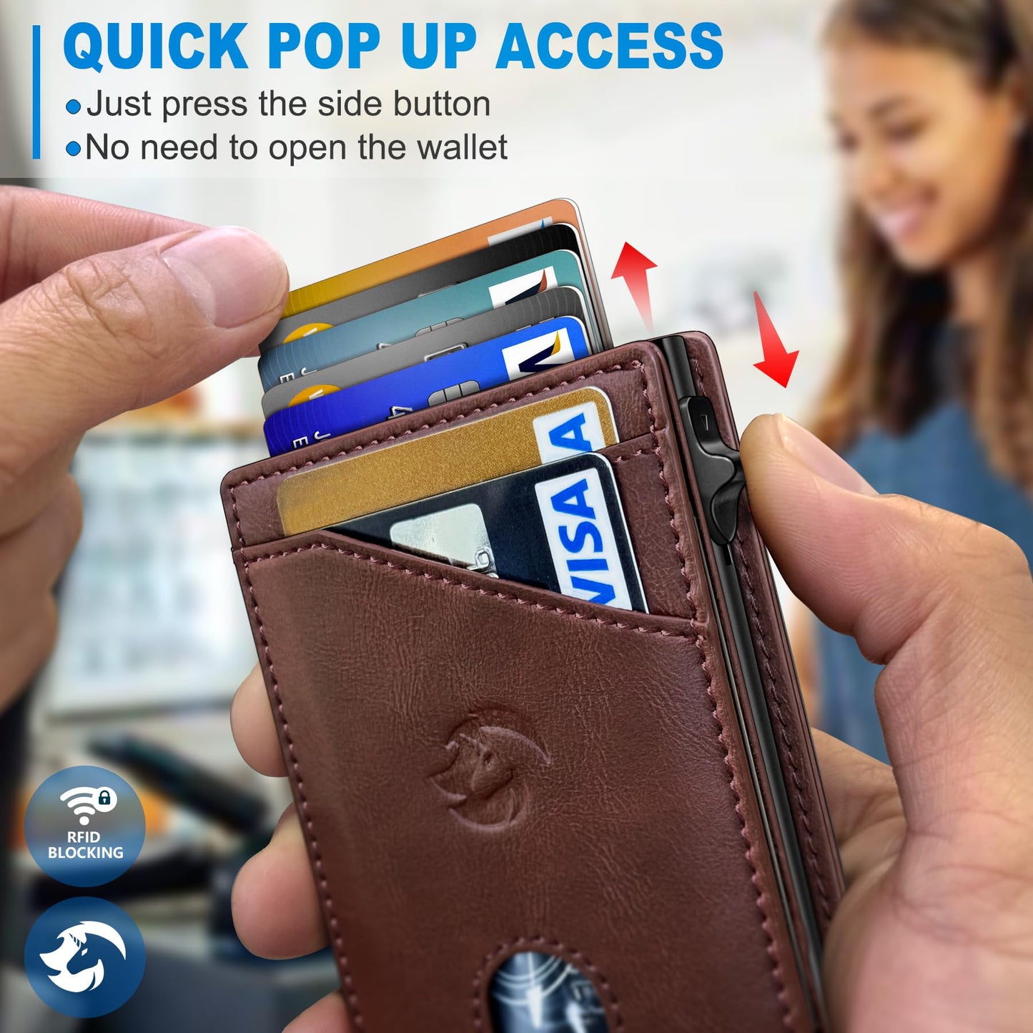 Housmai Wallet for Men, Slim Pop Up Card Holder with RFID Blocking, Minimalist Bifold Wallet with 9 Card Slots, ID Window and Cash Pocket, Metal Flip Case with Magnetic Closure, Gift Box