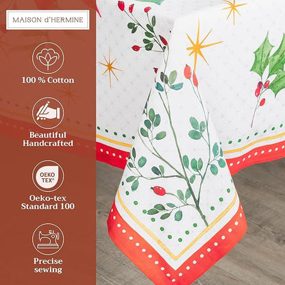 Maison d' Hermine Table Cloth Rectangle Table 100% Cotton 70 x 120 Inches Fall Tablecloth Reusable Everyday Use for Thanksgiving Christmas Decorations Dining Farmhouse Party (Poinsettia Christmas)