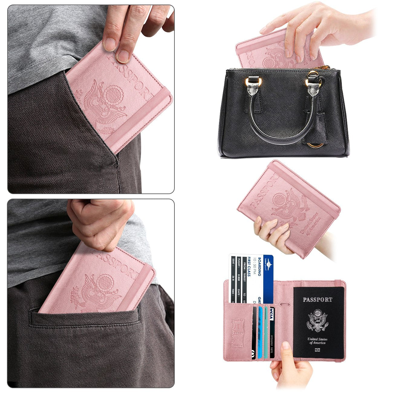 WALNEW Passport Holder for Travel, RFID Passport Cover Wallet for Women Men, PU Leather Passport Book Card Holder Case with Pen (Elastic Band Closure, AA-Brown+Rosegold)