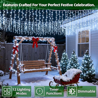 1332 LED Christmas Lights with 296 Drops,132ft 12 Modes Hanging ice String Lights with Timer & Dimmable & Waterproof, Plug-in Fairy Lights for Tree Holiday Wedding Party Christmas Decor Cool White