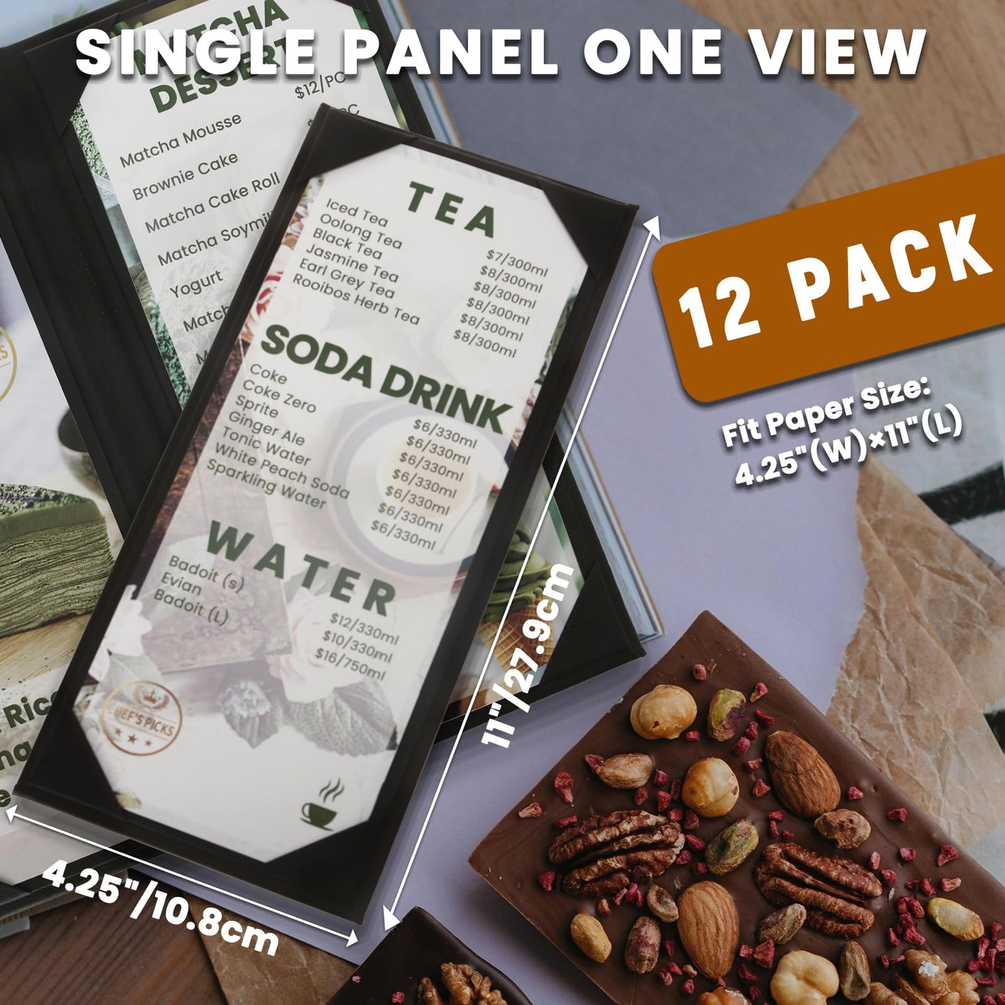 DUPDMKIN 4.25" x 11" Menu Covers 12 Pack 1 View, Restaurant Menu Holders, PU Leather Menu Book for Coffee Bars, Wine Lists, Drink Specials, Cocktail